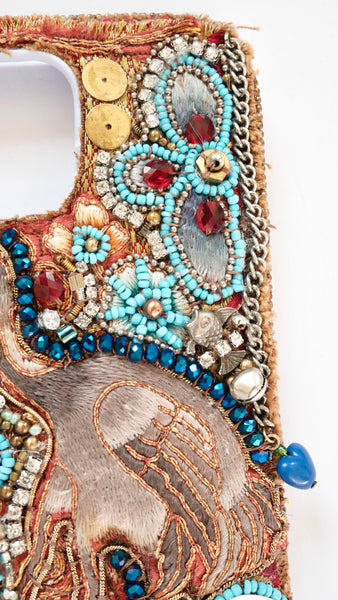 Decorative Custom Handmade Heron and Beach Stone Boho Beaded Embellished iPhone13 Pro Max, iPhone 14 Plus, iPhone 15 ProMax, iPhone 15 Plus Phone Case