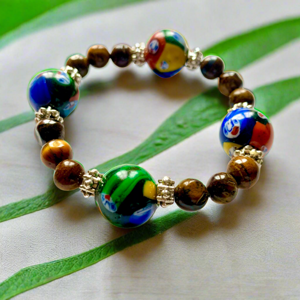 Ghanaian Krobo Bead & Tiger Eye Gemstone Stretch Bracelet for Women – 7 Inch