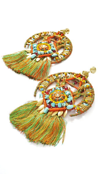 Nkechiyelum Beaded Embellished Turquoise Green Pyrite Jasper Tassel Hoop Earrings