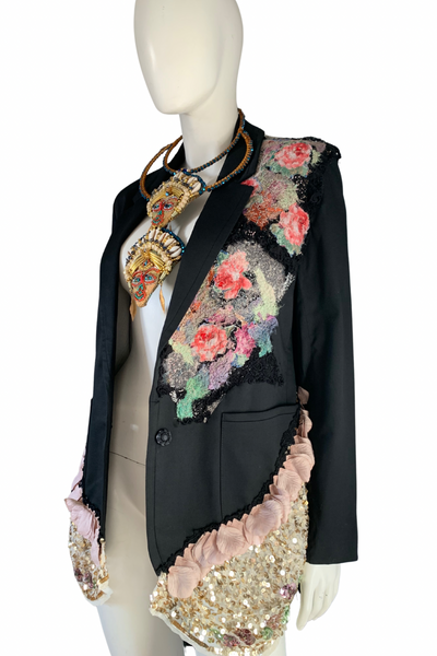 Vibrant Embellished Beaded Floral Applique Women’s Black Cotton Jacket with Sequinned Ruffles