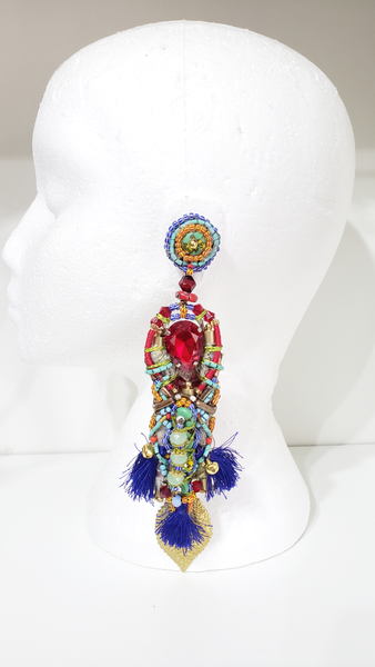 Chidera Multicoloured Beaded Crystal Embellished Tassel and Gold-Plated Brass Leaf Drop Earrings