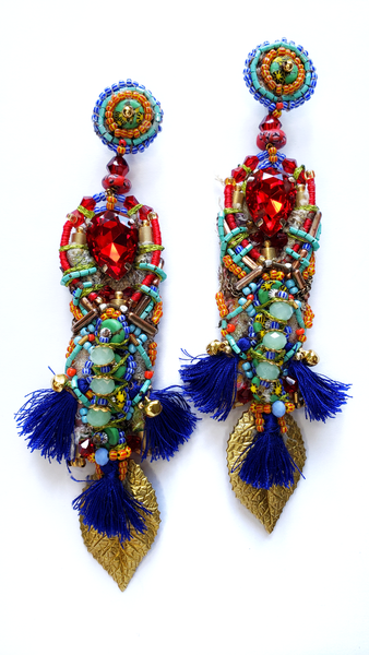 Chidera Multicoloured Beaded Crystal Embellished Tassel and Gold-Plated Brass Leaf Drop Earrings