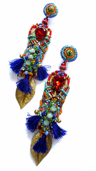 Chidera Multicoloured Beaded Crystal Embellished Tassel and Gold-Plated Brass Leaf Drop Earrings