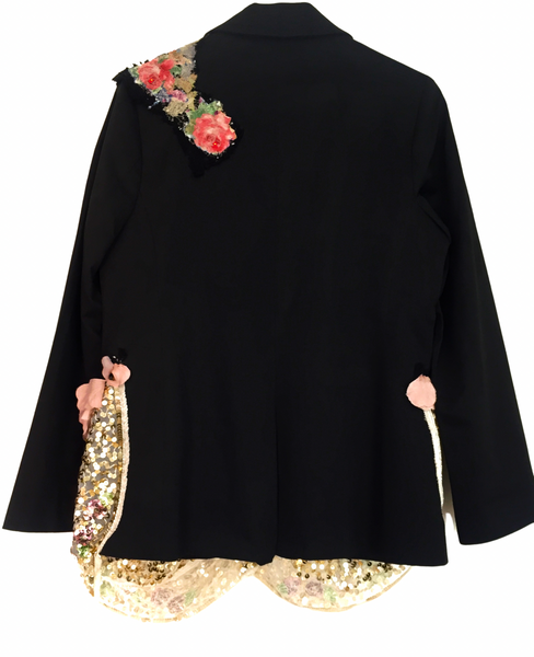 Vibrant Embellished Beaded Floral Applique Women’s Black Cotton Jacket with Sequinned Ruffles