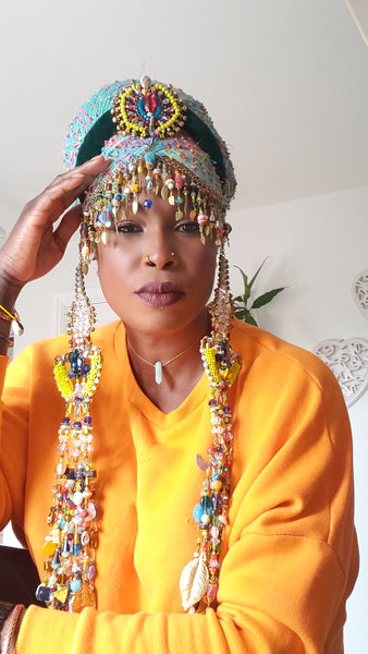 Idia Colourful Multi-Beaded Swarovski Crystal and Gemstone Embellished Fringe Headpiece with Detachable Pendants