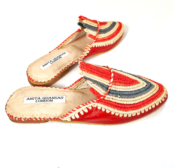 Akila Red Leather with Red, Natural and Slate Grey Raffia Slippers