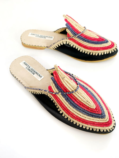 Akila Black Leather with Red, Natural and Slate Grey Coloured Raffia Slippers
