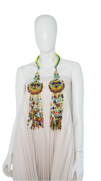 Irene Colourful Multi-Beaded Swarovski Crystal and Gemstone Embellished Fringe Pendant  Headpiece and Neckpiece