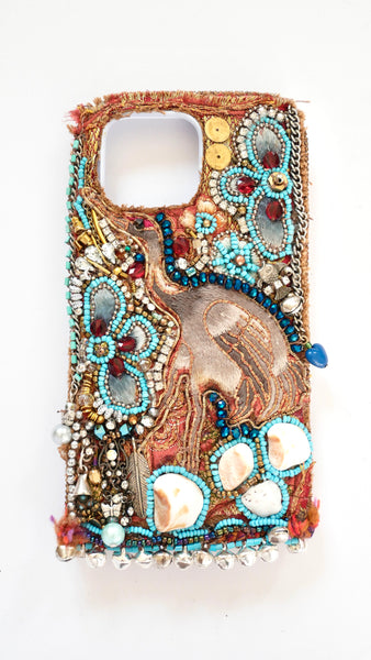 Decorative Custom Handmade Heron and Beach Stone Boho Beaded Embellished iPhone13 Pro Max, iPhone 14 Plus, iPhone 15 ProMax, iPhone 15 Plus Phone Case