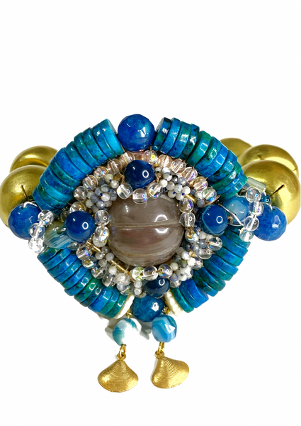 Ocean Radiance Blue Chrysocolla, Agate, Lapis Lazuli, Faceted Glass and Sodalite Stone, Brass Statement Bracelet with Shell
Charms