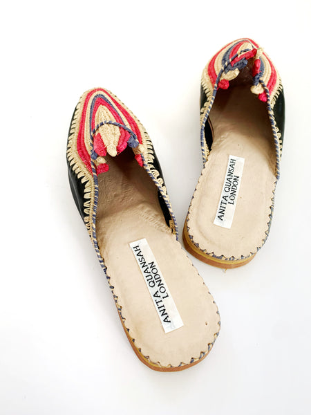Akila Black Leather with Red, Natural and Slate Grey Coloured Raffia Slippers