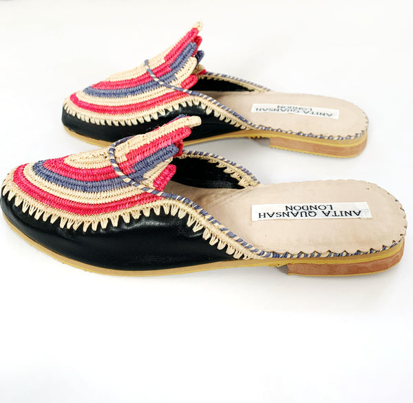 Akila Black Leather with Red, Natural and Slate Grey Coloured Raffia Slippers