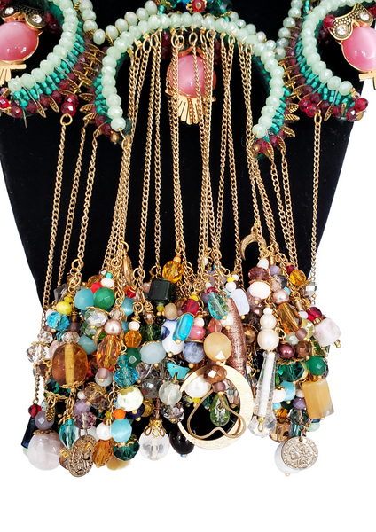 Amaraoma Multi-Layered Statement Necklace with Beaded Crescent, Owls, and Gemstone Fringe
