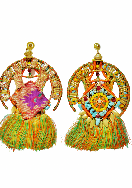 Nkechiyelum Beaded Embellished Turquoise Green Pyrite Jasper Tassel Hoop Earrings