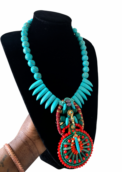 Aniweta Turquoise Beaded Multibeaded, Agate Amethyst and Brass Pendant Necklace