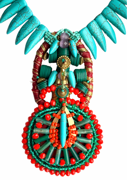 Aniweta Turquoise Beaded Multibeaded, Agate Amethyst and Brass Pendant Necklace