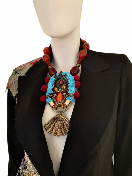 Golibe Multicoloured Resin Drum Beaded Pom-Pom Necklace with Embellished and Brass Engraved Pendant