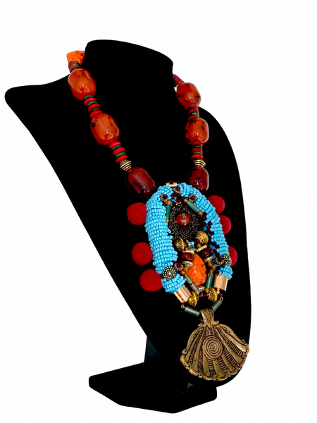 Golibe Multicoloured Resin Drum Beaded Pom-Pom Necklace with Embellished and Brass Engraved Pendant