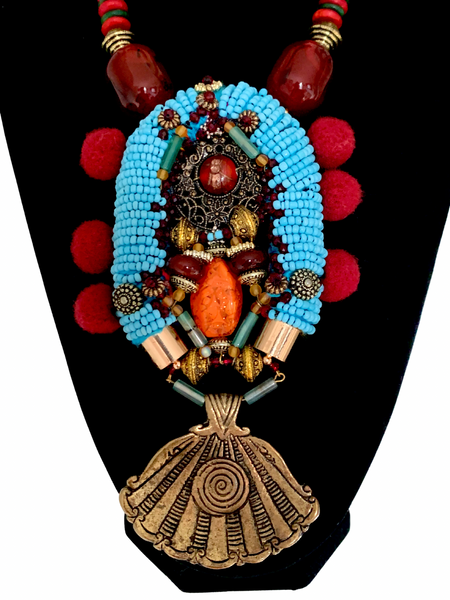 Golibe Multicoloured Resin Drum Beaded Pom-Pom Necklace with Embellished and Brass Engraved Pendant