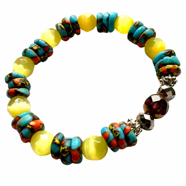 Sunburst Serenity, Colourful Ghana Krobo Glass, Beaded, and Yellow Jade, Stretch Cord, Bracelet