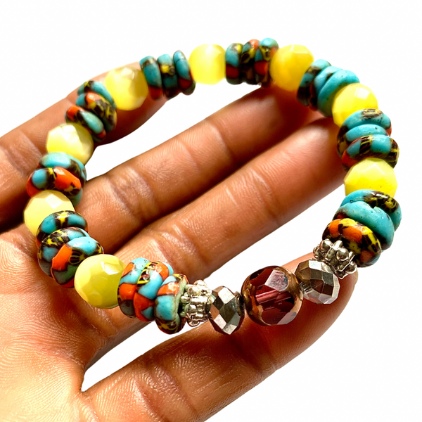 Sunburst Serenity, Colourful Ghana Krobo Glass, Beaded, and Yellow Jade, Stretch Cord, Bracelet
