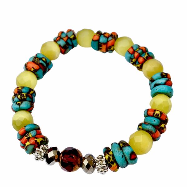 Sunburst Serenity, Colourful Ghana Krobo Glass, Beaded, and Yellow Jade, Stretch Cord, Bracelet