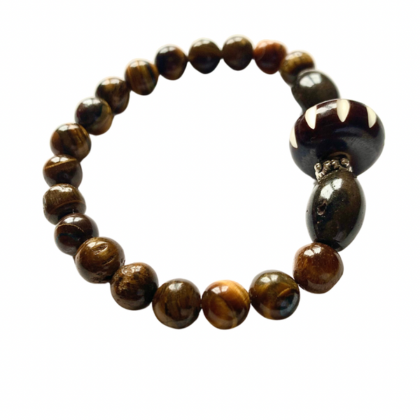 Tiger’s Eye & Carved Chevron Batik Bone Bead and Amazonite Healing Stretch Cord Bracelet