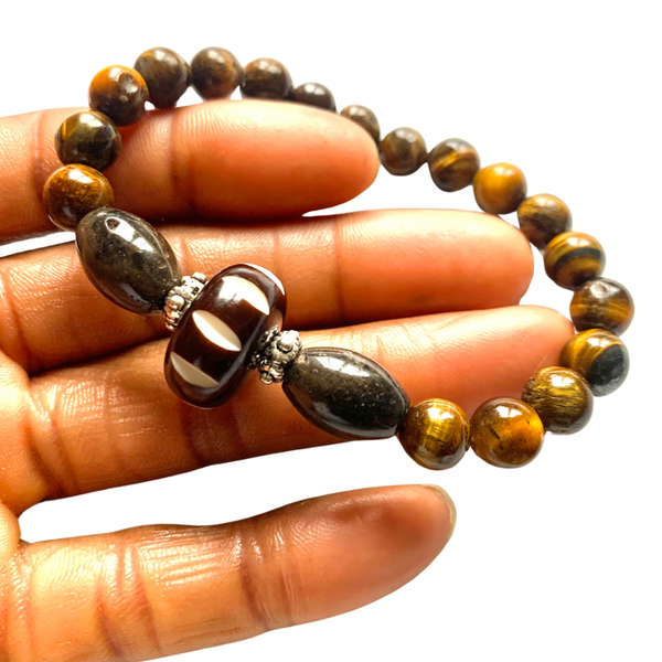 Tiger’s Eye & Carved Chevron Batik Bone Bead and Amazonite Healing Stretch Cord Bracelet