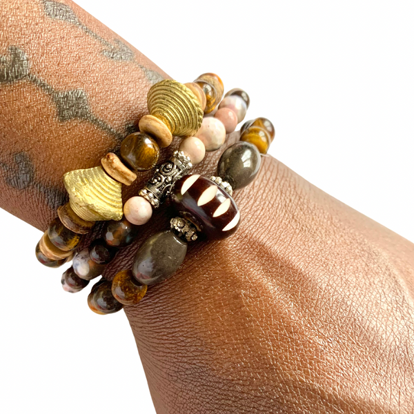 Tiger’s Eye & Carved Chevron Batik Bead and Agate Healing Stretch Cord Bracelet