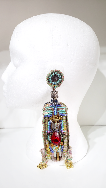 Iheaku Multi-Beaded Embellished Red Crystal Statement Drop Earrings