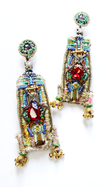 Iheaku Multi-Beaded Embellished Red Crystal Statement Drop Earrings