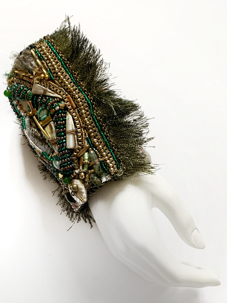 Njideka Multi Beaded Chain and Mussel Shell Embellished Textile Wide Cuff Tassel Bracelet