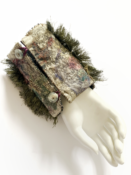 Njideka Multi Beaded Chain and Mussel Shell Embellished Textile Wide Cuff Tassel Bracelet