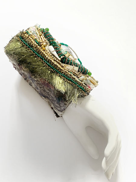 Njideka Multi Beaded Chain and Mussel Shell Embellished Textile Wide Cuff Tassel Bracelet