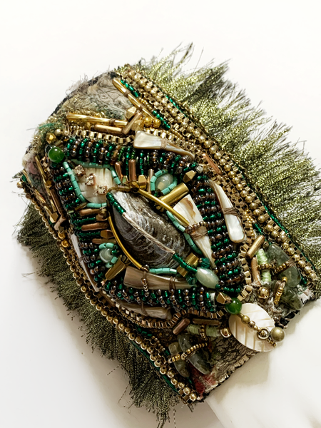 Njideka Multi Beaded Chain and Mussel Shell Embellished Textile Wide Cuff Tassel Bracelet