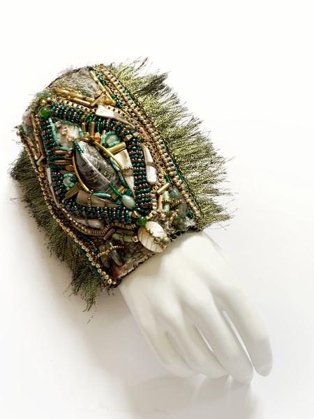 Njideka Multi Beaded Chain and Mussel Shell Embellished Textile Wide Cuff Tassel Bracelet