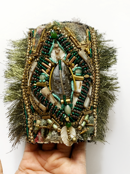 Njideka Multi Beaded Chain and Mussel Shell Embellished Textile Wide Cuff Tassel Bracelet