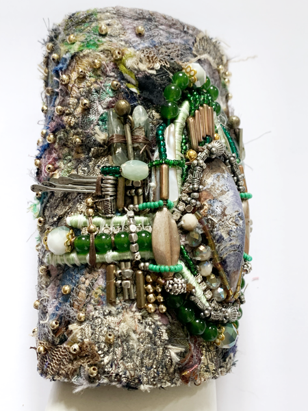 Olachi Green Jade Multi Beaded and Mussel Shell Embellished Textile Wide Cuff Bracelet