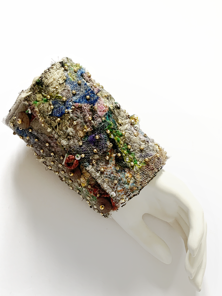 Olachi Green Jade Multi Beaded and Mussel Shell Embellished Textile Wide Cuff Bracelet