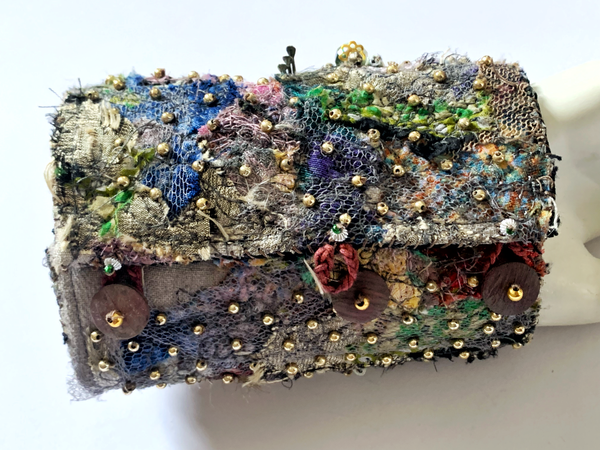Olachi Green Jade Multi Beaded and Mussel Shell Embellished Textile Wide Cuff Bracelet