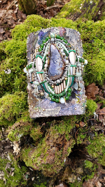Olachi Green Jade Multi Beaded and Mussel Shell Embellished Textile Wide Cuff Bracelet