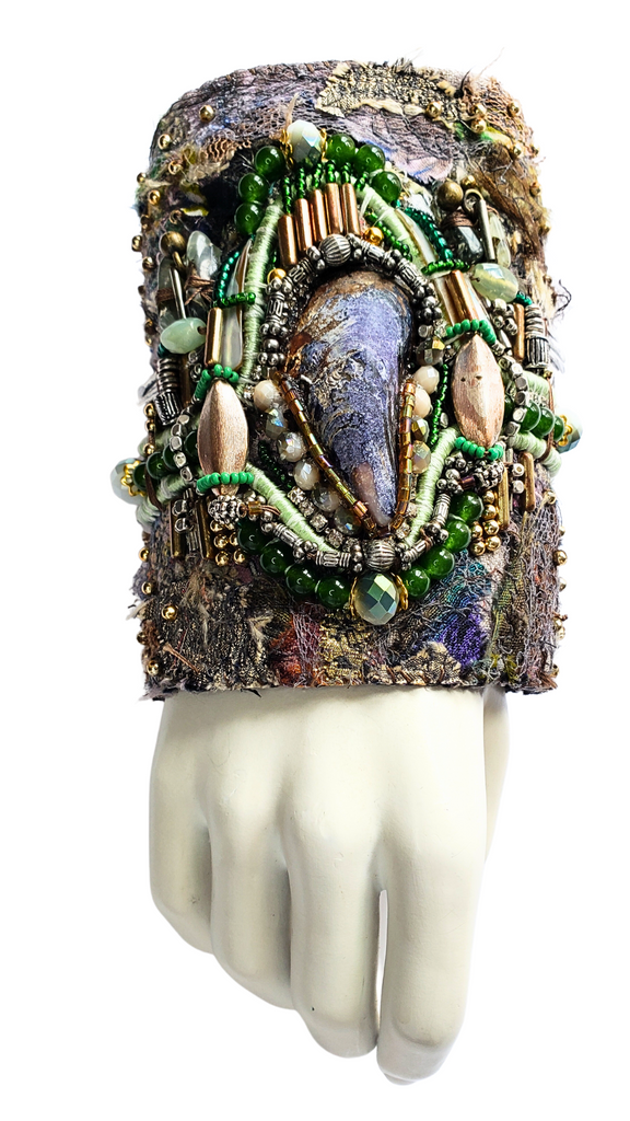 Olachi Green Jade Multi Beaded and Mussel Shell Embellished Textile Wide Cuff Bracelet