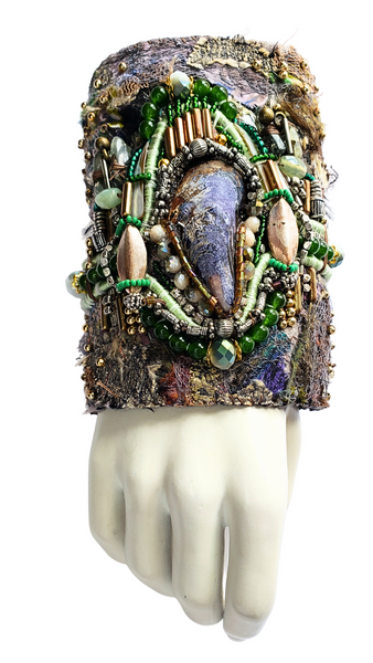 Olachi Green Jade Multi Beaded and Mussel Shell Embellished Textile Wide Cuff Bracelet
