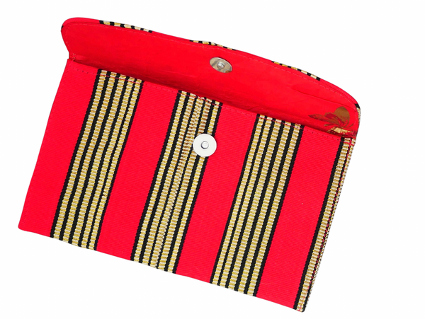 Olaedo Small Pink, Black and Gold Striped Aso-Oke Clutch BagTravel Wallet