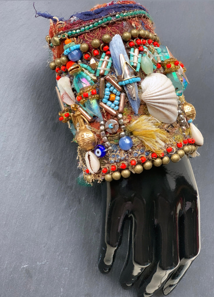 Dinma Aura Quartz and Kyanite Embellished Sea Shells and Beaded Wide Cuff Bracelet