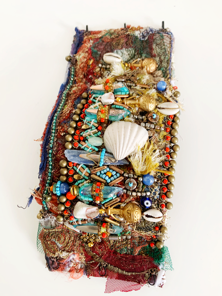 Dinma Aura Quartz and Kyanite Embellished Sea Shells and Beaded Wide Cuff Bracelet