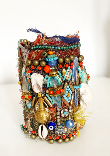Dinma Aura Quartz and Kyanite Embellished Sea Shells and Beaded Wide Cuff Bracelet