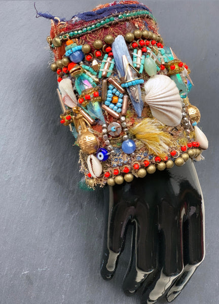 Dinma Aura Quartz and Kyanite Embellished Sea Shells and Beaded Wide Cuff Bracelet