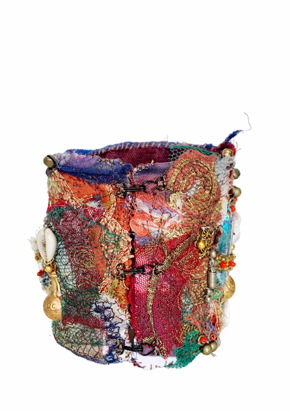 Dinma Aura Quartz and Kyanite Embellished Sea Shells and Beaded Wide Cuff Bracelet