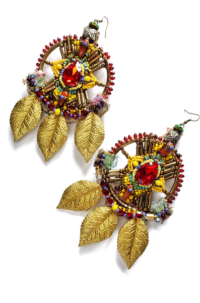 Ositadinma Multi-Beaded Embellished Red Crystal and Red Jasper Brass Leaves Statement Drop Earrings